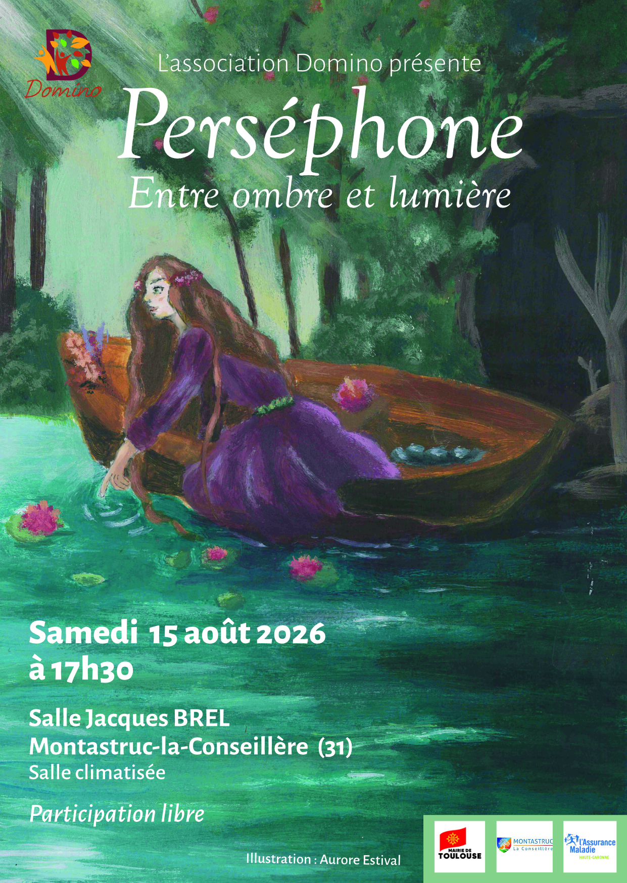 affiche dessin d'une femme en robe violette dans une barque dans un décor de forêt et marais. Ensemble d'écriture reprenant les informations sur le SPECTACLE : Perséphone 15/08